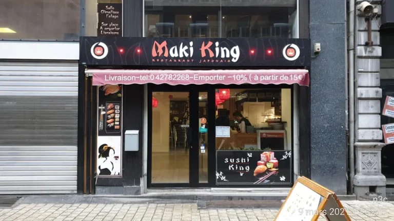 Enseigne lumineuse et vitrophanie du restaurant Maki King, réalisées et posées par Kimva à Liège